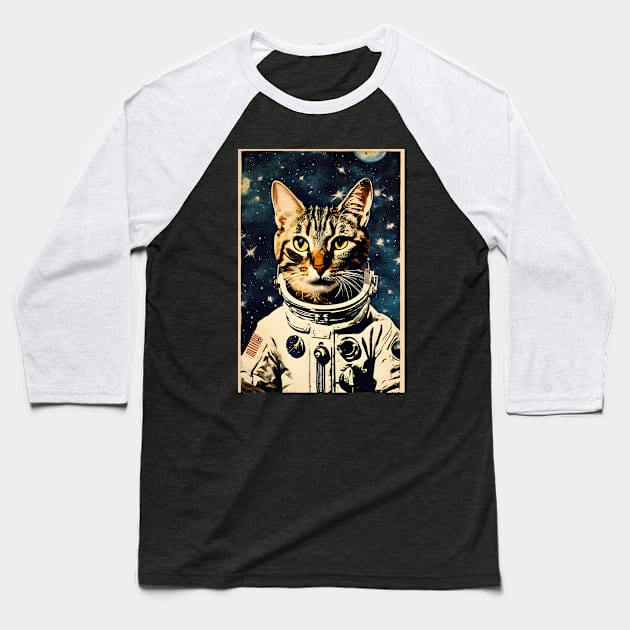 Astronaut Cat in Space Vintage Surreal Collage Art Baseball T-Shirt by Art-Jiyuu